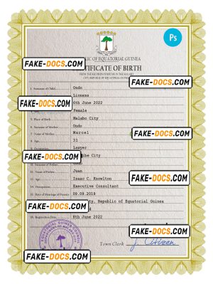 Equatorial Guinea birth certificate PSD template, completely editable