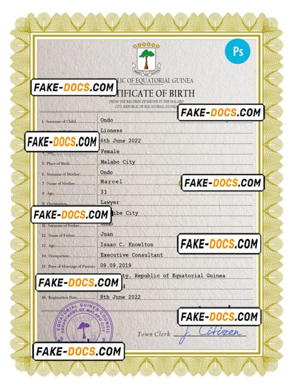 Equatorial Guinea birth certificate PSD template, completely editable