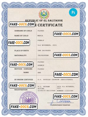 El Salvador vital record birth certificate PSD template, completely editable