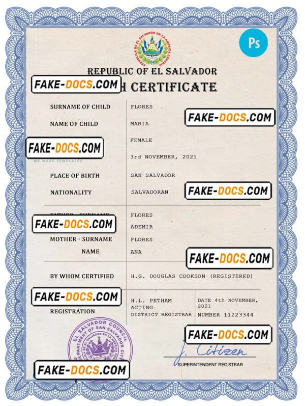 El Salvador vital record birth certificate PSD template, completely editable