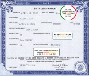 USA Missouri state birth certificate template in PSD format, fully editable
