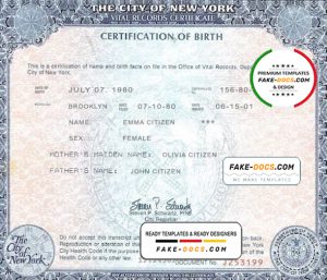USA New York state birth certificate template in PSD format, fully editable