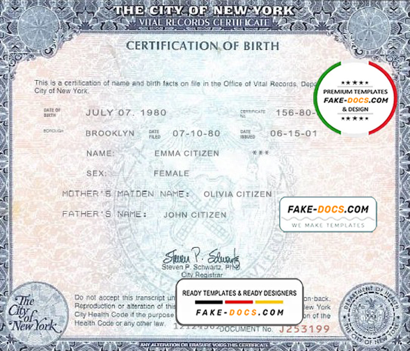 USA New York state birth certificate template in PSD format, fully editable