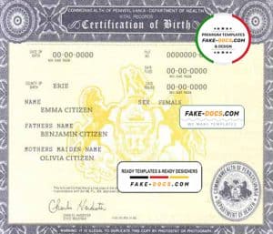 USA Pennsylvania state birth certificate template in PSD format, fully editable