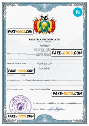 Bolivia death certificate PSD template, completely editable