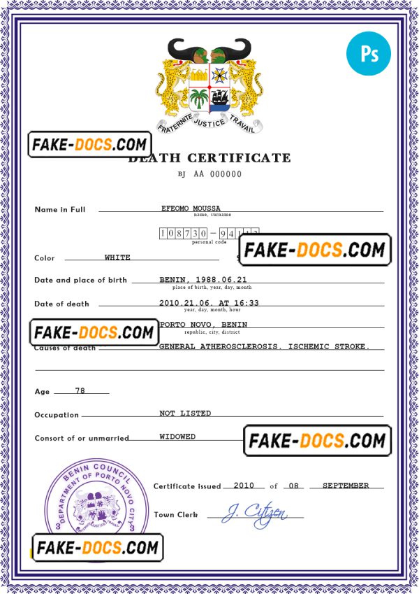 Benin vital record death certificate PSD template, fully editable