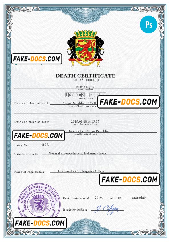 Congo vital record death certificate PSD template