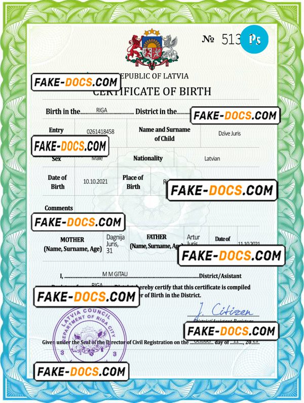 Latvia vital record birth certificate PSD template, fully editable