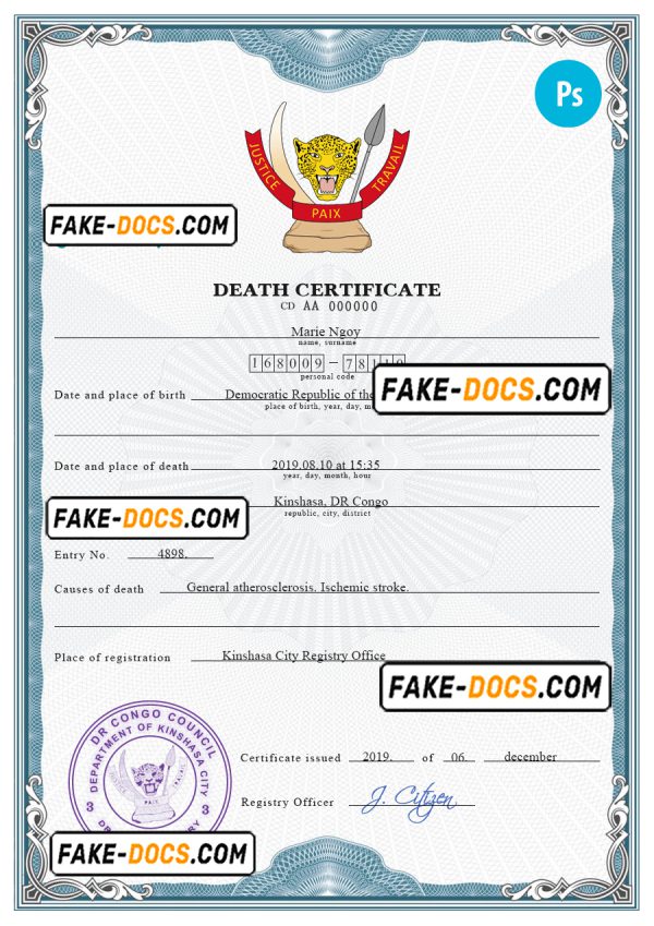 Congo (Democratic Republic of the Congo) vital record death certificate PSD template, completely editable