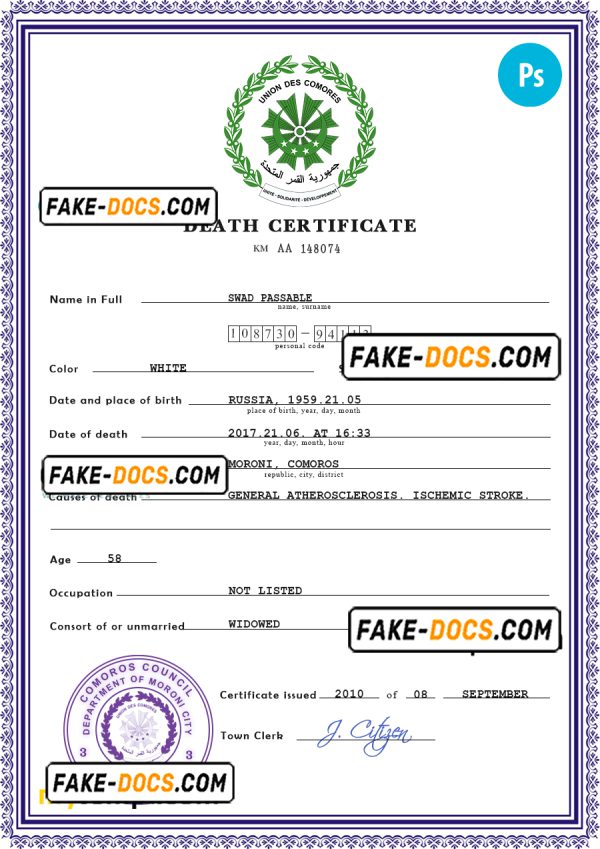 Comoros death certificate PSD template, completely editable