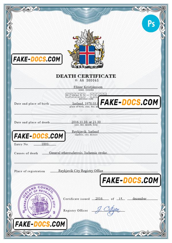 Iceland vital record death certificate PSD template, completely editable