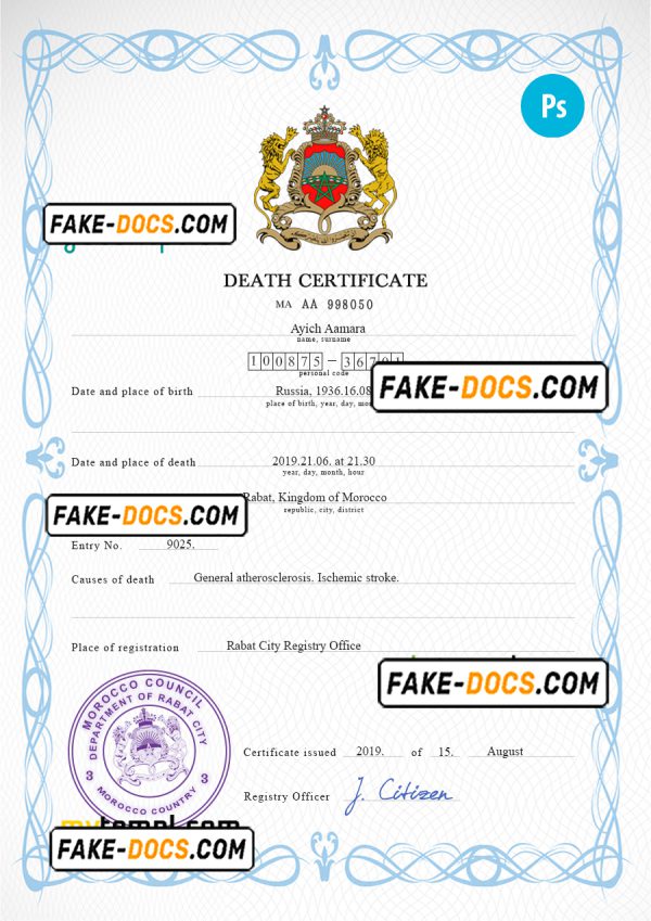 Morocco vital record death certificate PSD template, completely editable