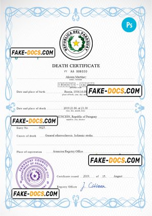 Paraguay vital record death certificate PSD template