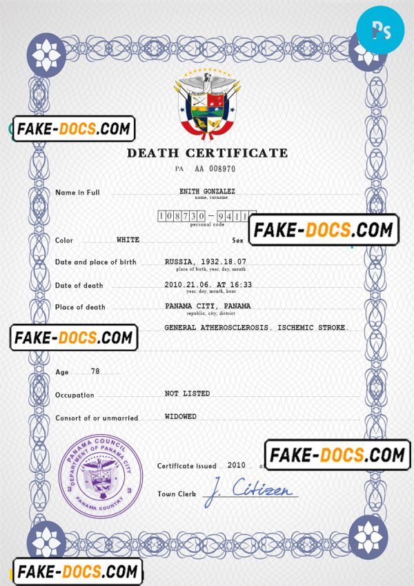 Panama vital record death certificate PSD template, fully editable