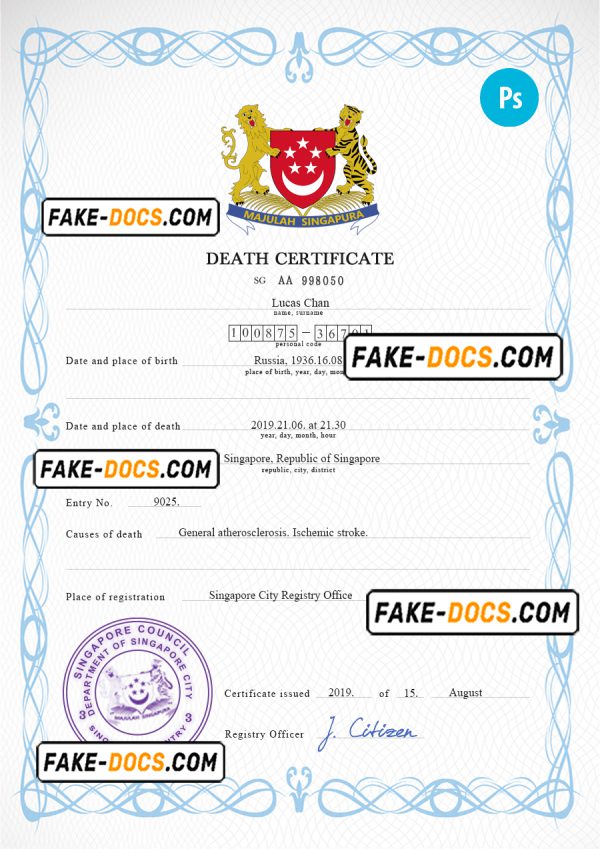 Singapore death certificate PSD template, completely editable