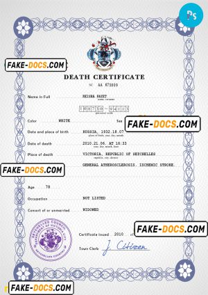 Seychelles vital record death certificate PSD template, fully editable