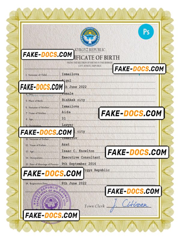 Kyrgyzstan vital record birth certificate PSD template