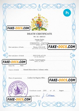 United Kingdom death certificate PSD template, completely editable