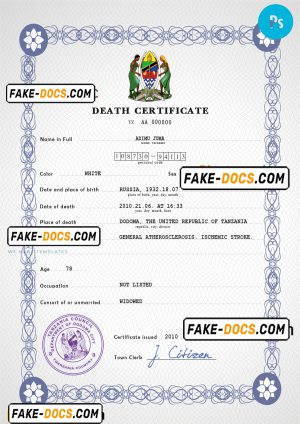 Tanzania vital record death certificate PSD template, fully editable