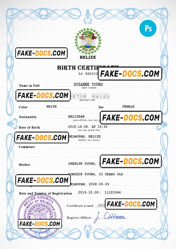 Belize vital record birth certificate PSD template