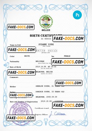 Belize vital record birth certificate PSD template