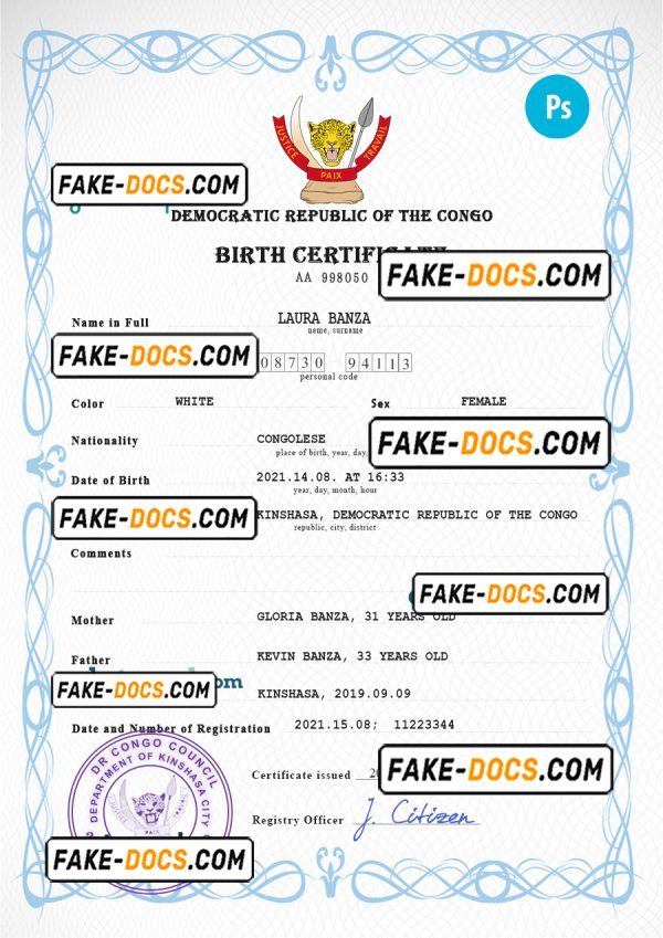Democratic Republic of the Congo vital record birth certificate PSD template