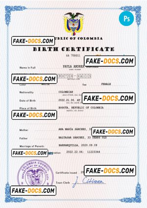 Colombia birth certificate PSD template, completely editable