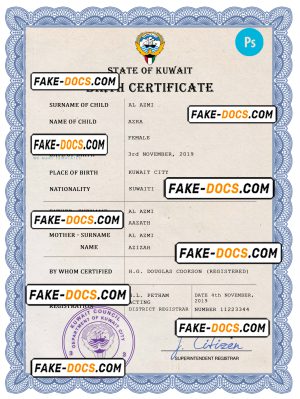 Kuwait vital record birth certificate PSD template, completely editable