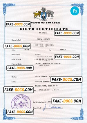 Eswatini vital record birth certificate PSD template, completely editable