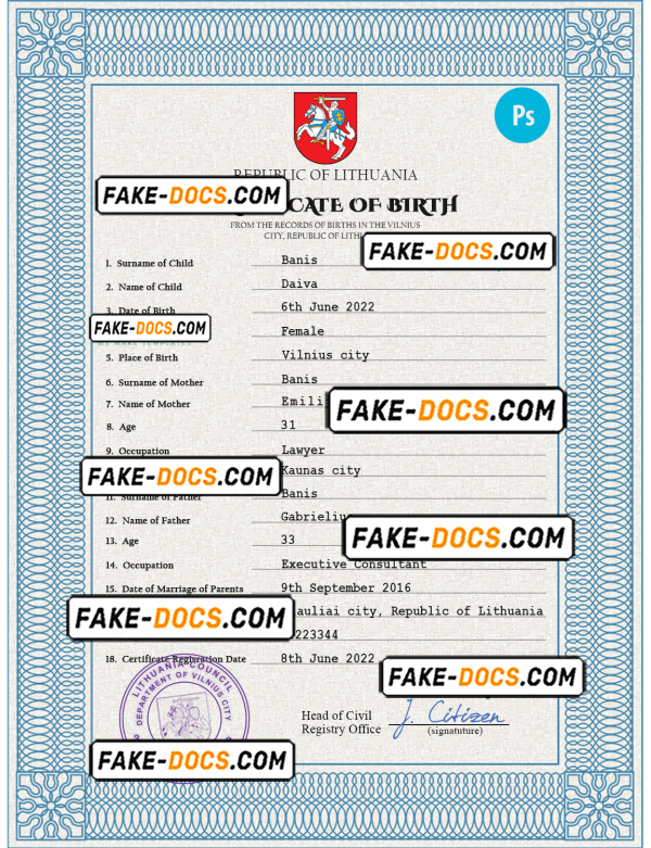 Lithuania vital record birth certificate PSD template