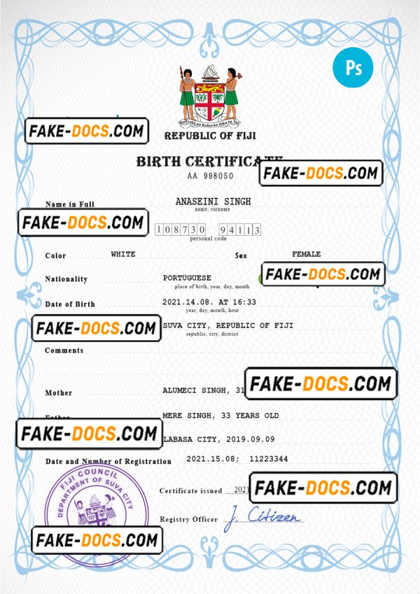 Fiji vital record birth certificate PSD template, fully editable