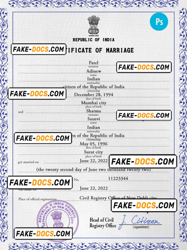 India marriage certificate PSD template, fully editable
