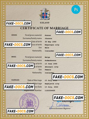 Iceland marriage certificate PSD template, completely editable