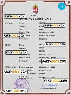 Hungary marriage certificate PSD template, fully editable