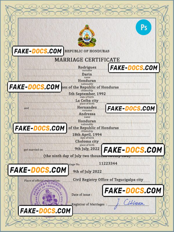 Honduras marriage certificate PSD template, fully editable