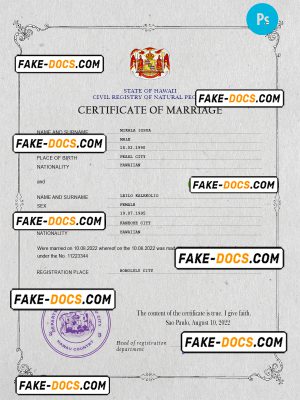 Hawaii marriage certificate PSD template, fully editable