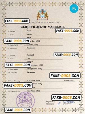Guyana marriage certificate PSD template, fully editable
