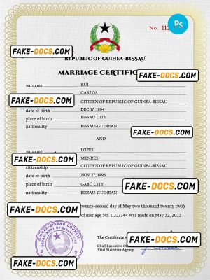 Guniea-Bissau marriage certificate PSD template, completely editable