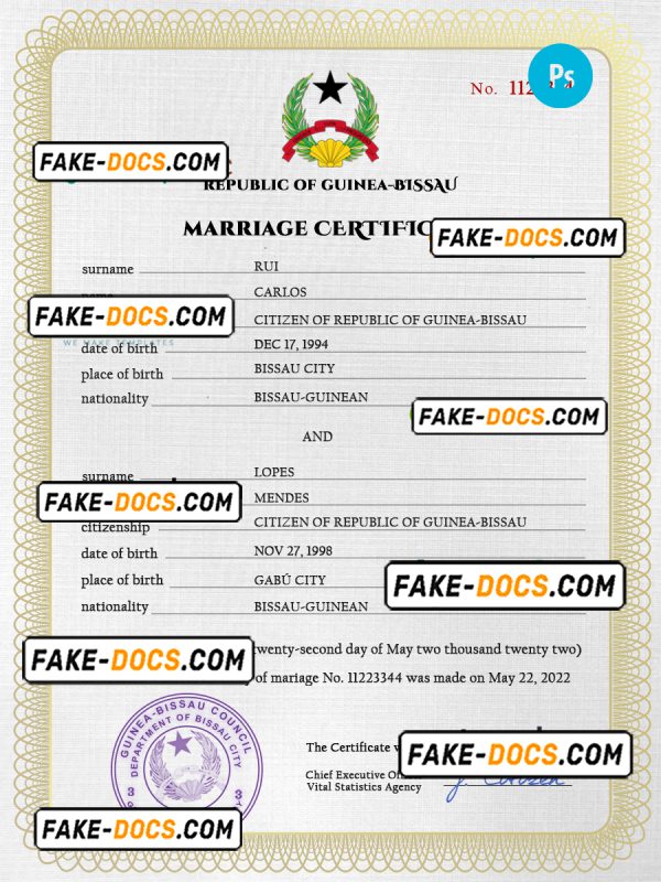 Guniea-Bissau marriage certificate PSD template, completely editable