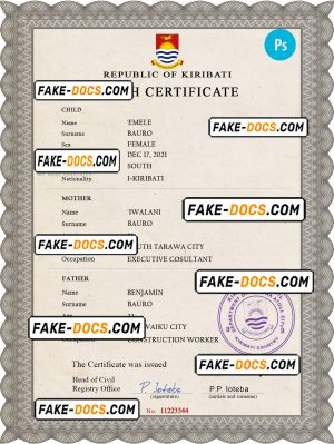 Kiribati vital record birth certificate PSD template