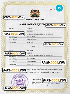 Kenya marriage certificate PSD template, completely editable