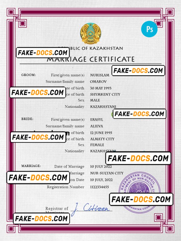 Kazakhstan marriage certificate PSD template, fully editable
