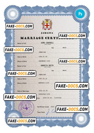 Jamaica marriage certificate PSD template, completely editable