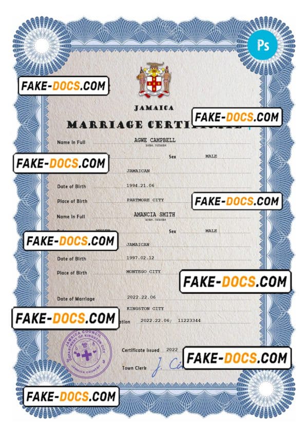 Jamaica marriage certificate PSD template, completely editable
