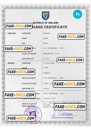 Ireland marriage certificate PSD template, fully editable
