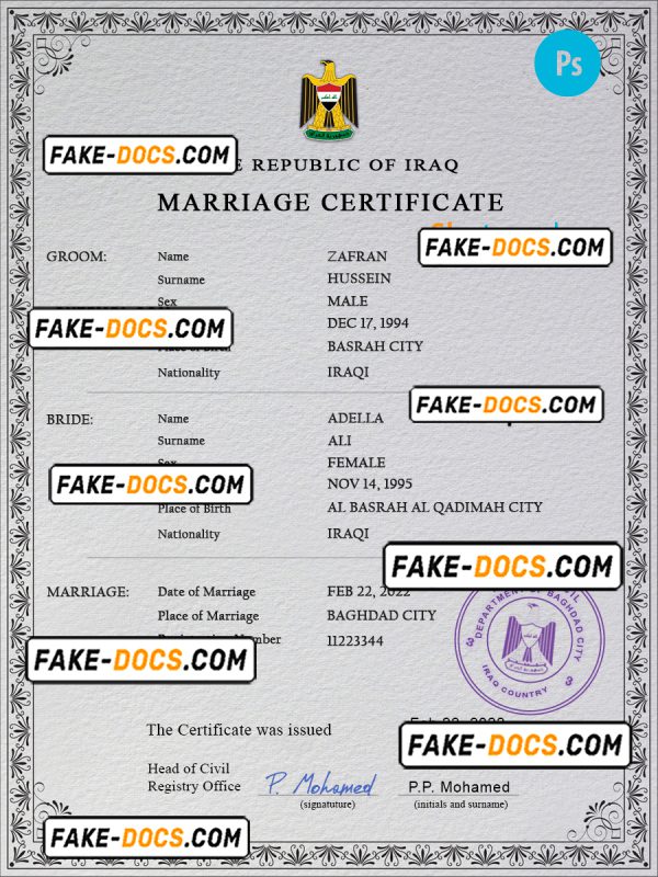 Iraq marriage certificate PSD template, completely editable