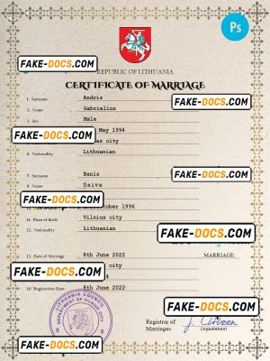 Lithuania marriage certificate PSD template, fully editable