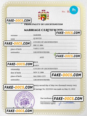 Liechtenstein marriage certificate PSD template, completely editable