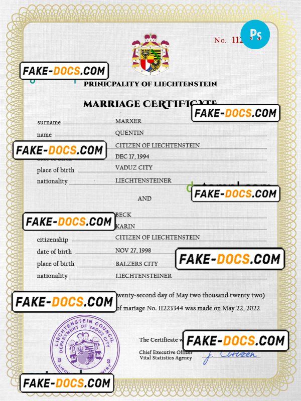 Liechtenstein marriage certificate PSD template, completely editable