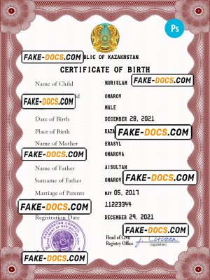 Kazakhstan birth certificate PSD template, completely editable
